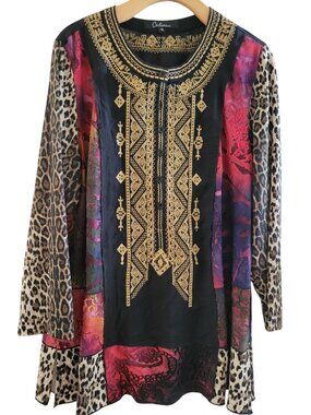 Boho Embroidered Tunic Top size XL Leopard Mixed Print Calessa Art to wear